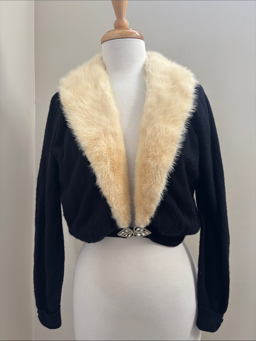 Vintage Cashmere Jacket with Blonde Fur Shawl Collar and Jeweled Closure